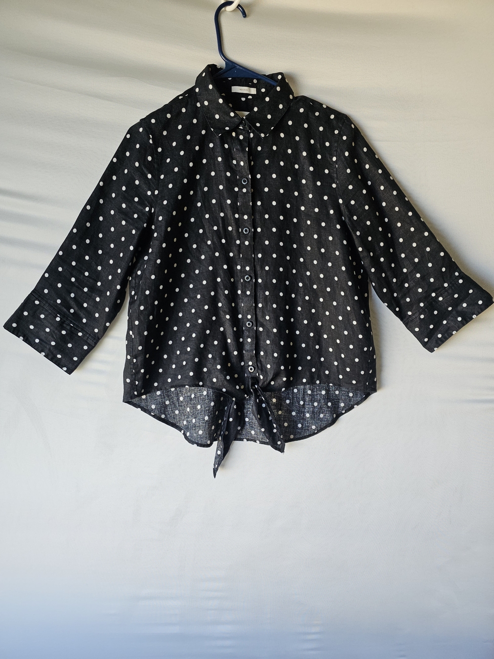 Chico's No-Iron 100% Linen Polka Dot Tie-Front Shirt Black White Size 0 (S)